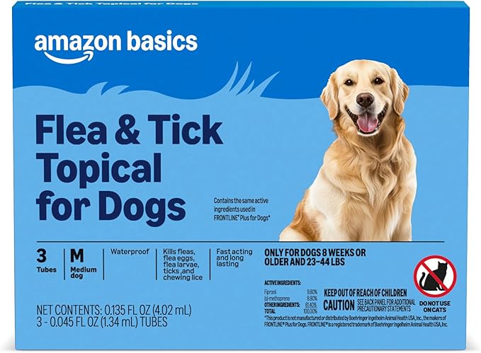Amazon Basics Flea and TickTopical Treatment for MediumDogs (23-44 lbs), Fast Actingand Long Lasting, 3 Count,Packaging May Vary
